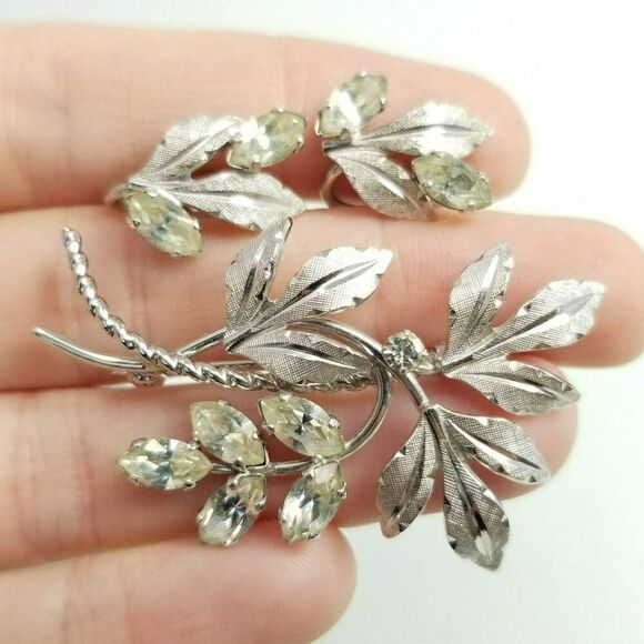 Vintage Van Dell Sterling Silver Rhinestone Clip On Earring and Brooch Set - Picture 1 of 7